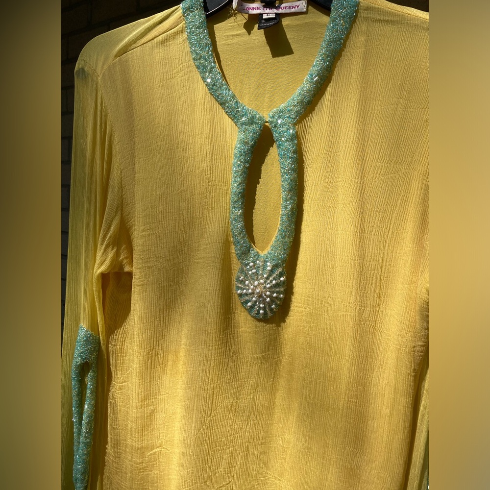 Jeannie Mcqueeny 100% Silk Yellow Blouse Blue Beaded Sunburst & Sleeve Detail - Picture 5 of 17